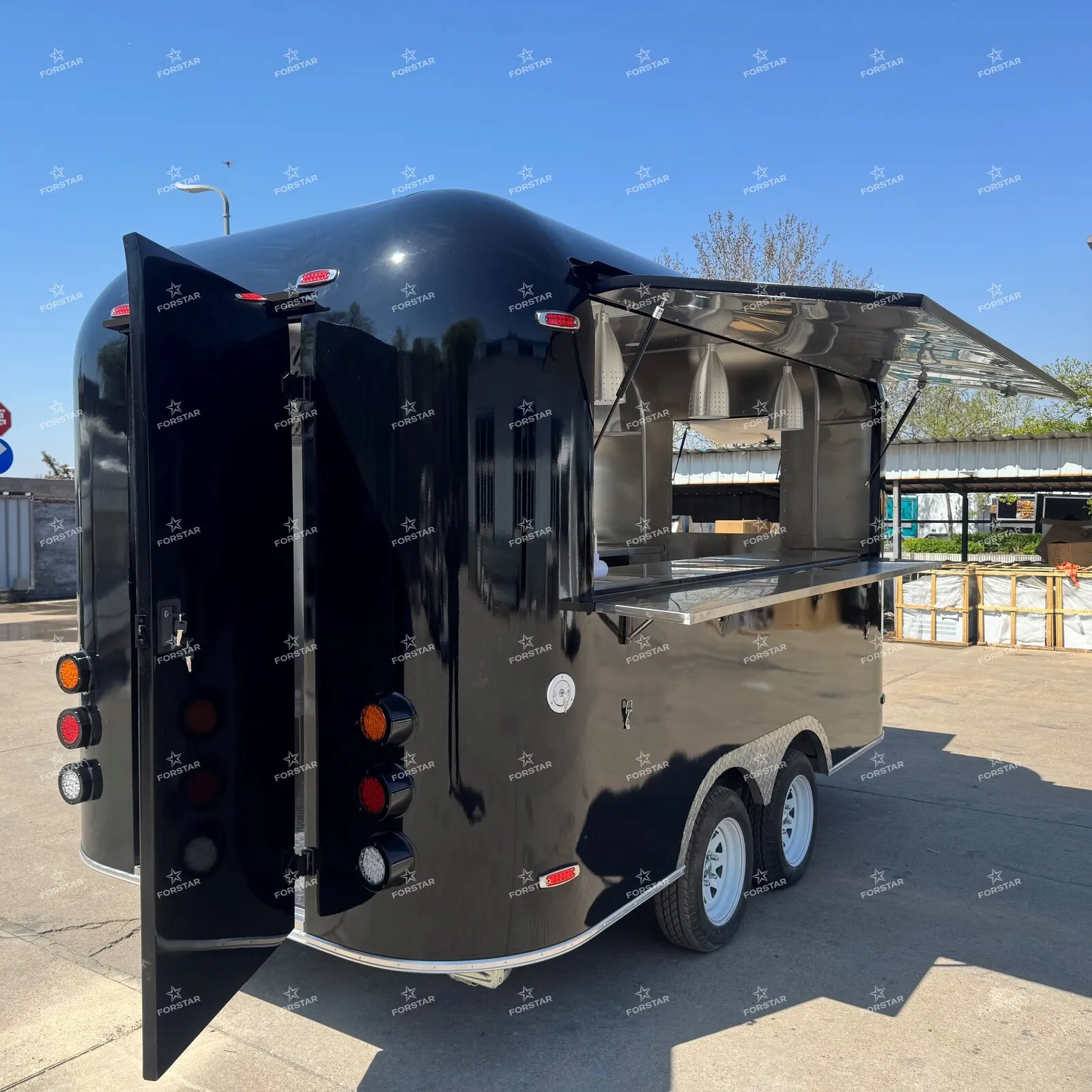 FS-D300 1 Door Gloss Black Concession Food Trailer - Rear Perspective with Rear Door & Side Awning Open