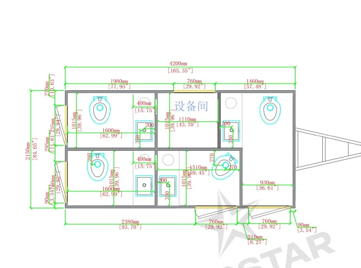 SK420C 4 Door 4 Station Restroom Trailer - SK420C 4-Stall Layout Blueprint