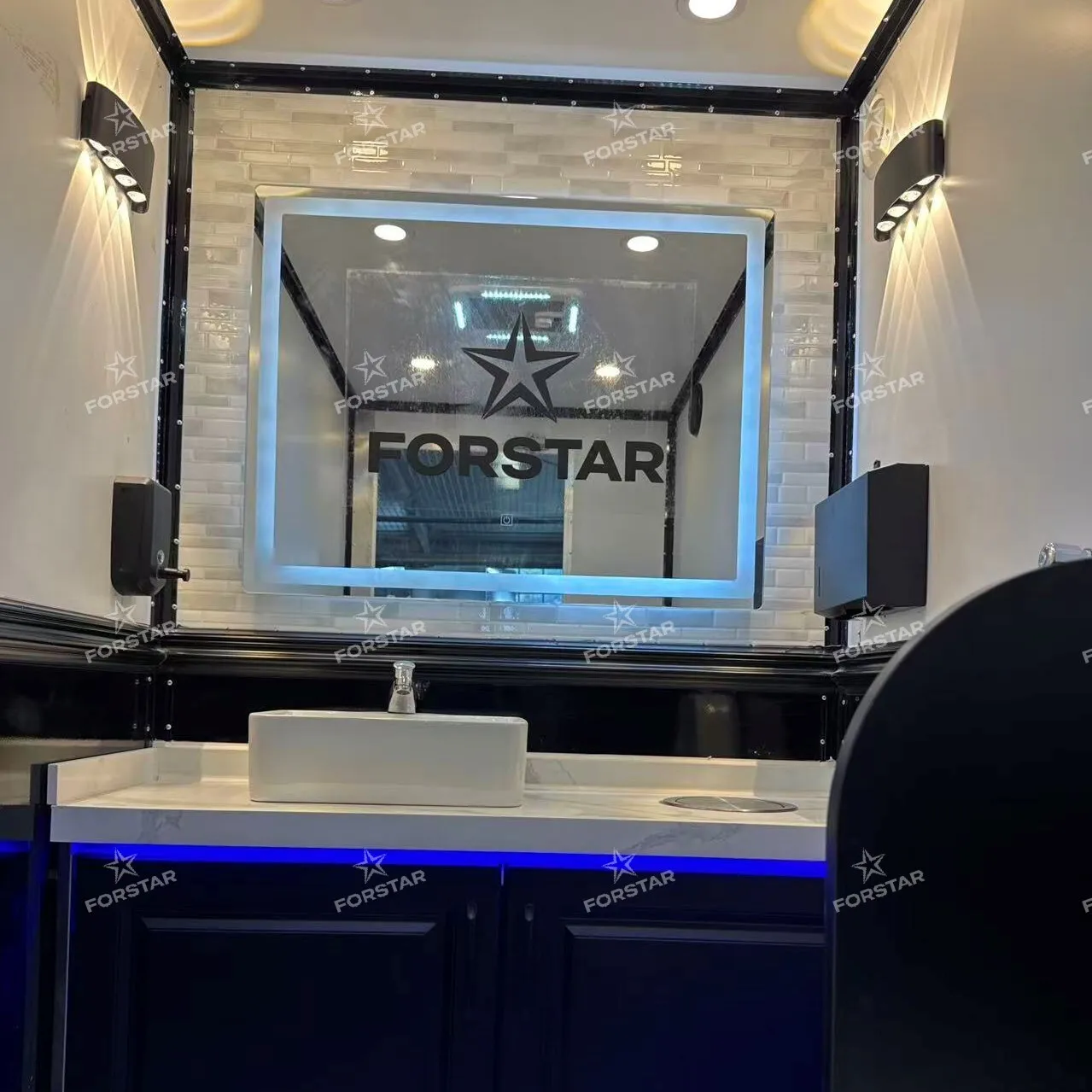ST330 Black 2 Door 2 Station Luxury Restroom Trailer interior